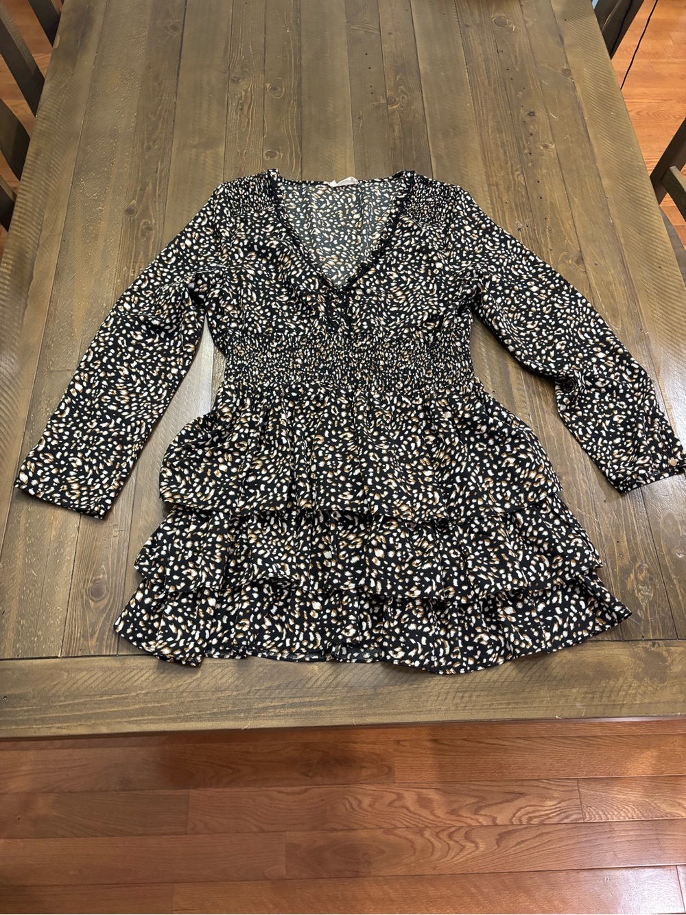 Altar'd State Black Long-Sleeve V-Neck Ruffle Dress with Cheetah Print